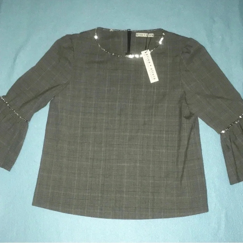 ALICE + OLIVIA by Stacey Bendet wool gray check bell sleeves sequins NWT size S
